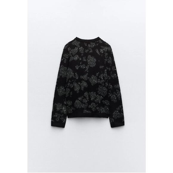 ZARA Sequin Metallic Thread Knit Cardigan Sweater, Black Silver Holiday Party S - Picture 4 of 10
